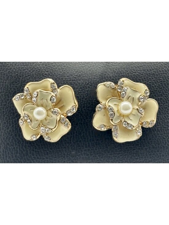 Unbranded Jewelry - Vintage Enameled Dogwood Post Earrings Cream Enamel Faux Pearl Clear Rhinestones